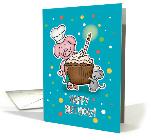 Happy Birthday - General - Pig and Mouse with Cupcake and Candle card