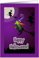 Halloween witch flying on a broom, moon. card