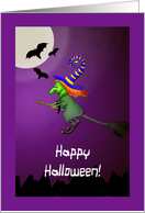 Happy Halloween - Witch on Broom in front of the Moon! card