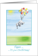 23rd Birthday, cute Elephant flying with balloons! card