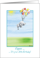 28th Birthday, cute Elephant flying with balloons! card