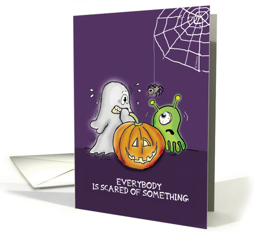 Halloween - Cute scared Ghost with Pumpkin Monster and Spider card