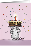 Erster Geburtstag - Maus mit mit Kuchen und Konfetti card