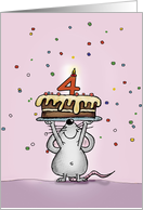 Vierter Geburtstag - Maus mit mit Kuchen und Konfetti card