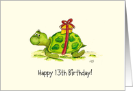 13th Birthday - Humorous, Cute Turtle with Gift on Back card