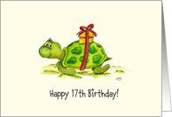 17th Birthday - Humorous, Cute Turtle with Gift on Back card