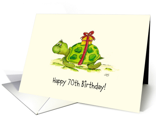 70th Birthday - Humorous, Cute Turtle with Gift on Back card (907084)