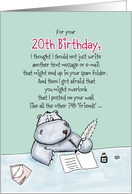 20th Birthday - Humorous, Whimsical Card with Hippo card