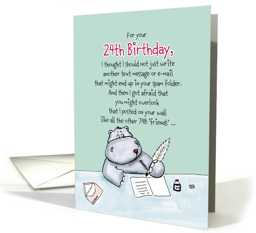 24th Birthday - Humorous, Whimsical Card with Hippo card (908091)