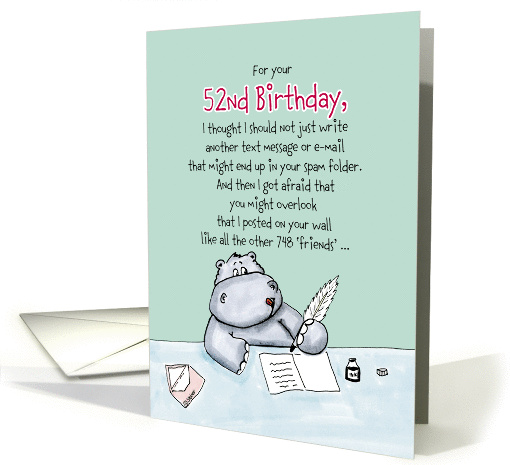 52nd Birthday - Humorous, Whimsical Card with Hippo card (908571)