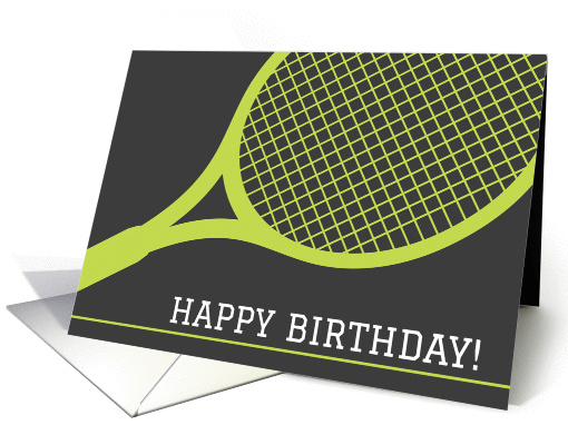 Happy birthday greeting card with green tennis racket on... (1451998)