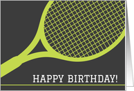 Happy birthday greeting card with green tennis racket on dark gray card