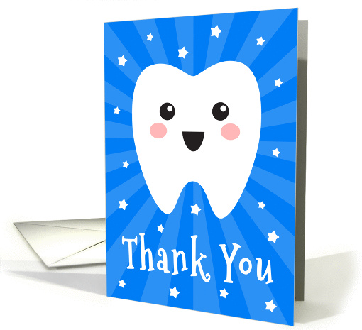 Thank you dentist card with happy tooth - blue sunburst card (1461234)