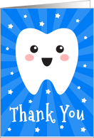 Thank you dentist card with happy tooth - blue sunburst card