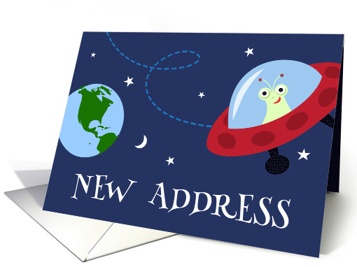 New address moving announcement with funny alien and planet earth card