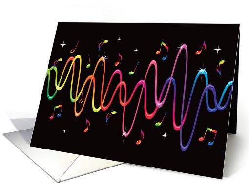 Funky rainbow sound waves with musical notes and stars card (651082)