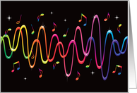 Funky rainbow sound waves with musical notes and stars card
