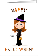 Happy Halloween - trick or treat girl wearing a witch costume card