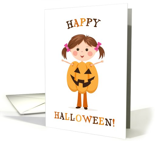 Happy Halloween - girl in Jack o' Lantern pumpkin costume card