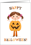 Happy Halloween - girl in Jack o’ Lantern pumpkin costume card