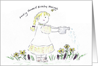 Girl Watering Flowers With Birthday Blessings card