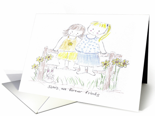 Two Sisters Sitting on Fence Hugging-Thinking of You card (669755)