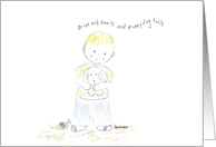 Boy holding Puppy. birth of baby card