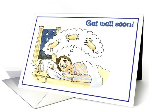 Get well soon, man in bed counting sheep! card (655832)