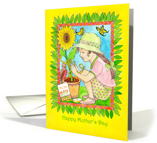 Mom, Happy Mother's Day Girl with Sunflower And Butterflies card
