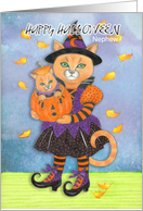Happy Halloween Nephew Witch Cat and Pumpkin Kitty card