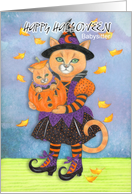Happy Halloween Babysitter Witch Cat and Pumpkin Kitty card
