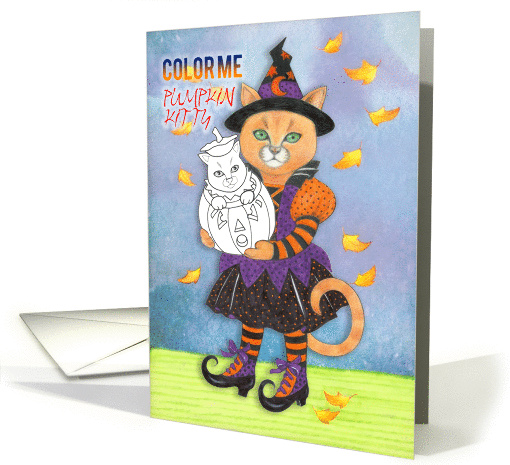 Halloween Color Me Pumpkin Kitty with Cat Witch card (1331686)