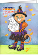 Halloween Color Me Pumpkin Kitty with Cat Witch card