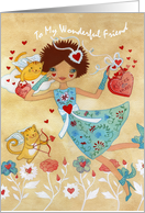 Happy Valentine’s Day Friend with Cupid Cats, Flowers, Hearts card