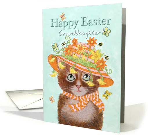 Happy Easter Granddaughter, Cat in Easter Bonnet with Flowers card