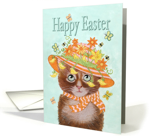 Happy Easter, Cat in Easter Bonnet with Flowers and Chicks card