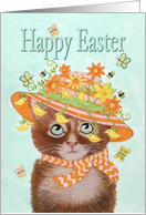 Happy Easter, Cat in Easter Bonnet with Flowers and Chicks card