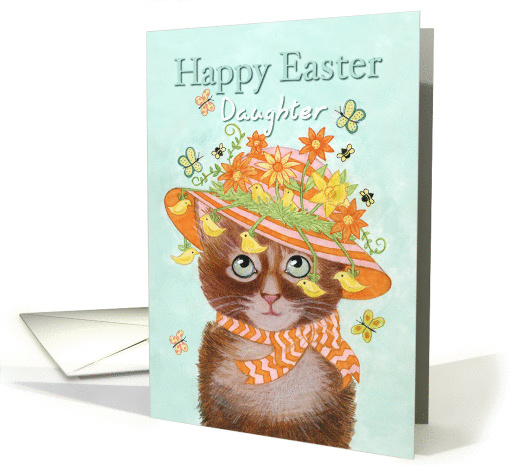 Happy Easter Daughter, Cat in Easter Bonnet with Flowers card