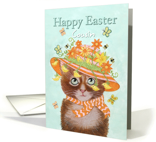 Happy Easter Cousin, Cat in Easter Bonnet with Flowers card (1369814)