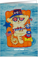 Happy Fourth of July Cat on Raft in Water Custom Name card
