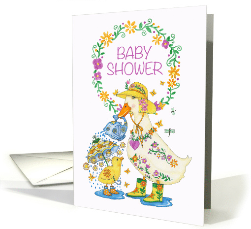 Baby Shower Invitation with Mother Duck and Chick in Rain Boots card
