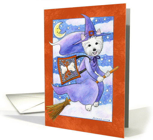 Halloween Westie Dog on Broomstick card (697110)