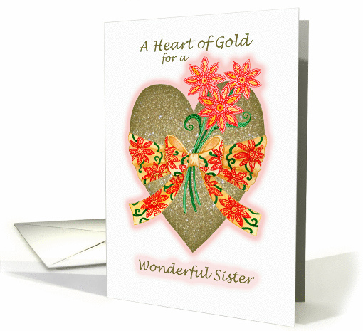 Valentine Heart of Gold with Bow and Flowers for Sister card (892734)