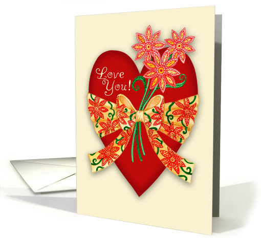 Love You Red Valentine Heart with Bow and Whimsical Flowers card