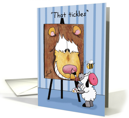 Happy Birthday for Friend, Lamb Paints Lion, That Tickles card