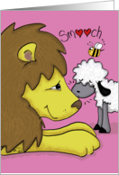 Happy Valentine’s Day Sweetheart, Lamb Kisses Lion, Smooch card