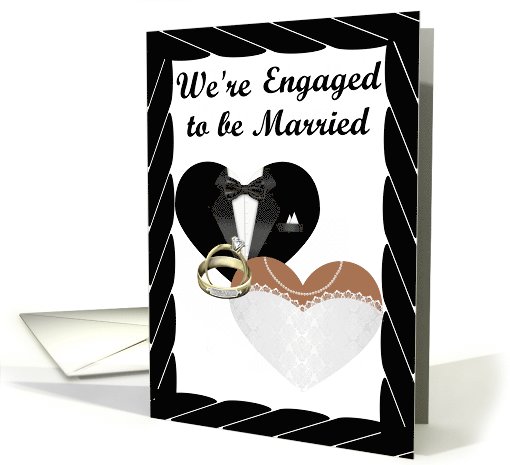 We're Engaged- african american- Gold Rings, Tux and Gown card