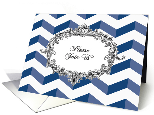 Wedding Invitation, chevrons, blue and white, antique frame card