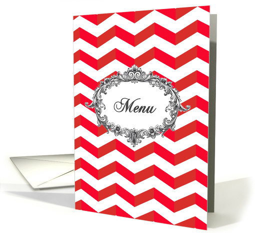 Wedding Menu card, chevrons, red and white, vintage frame card