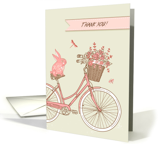 Thank You card, Pink Bicycle, Rabbit, Flower Basket, Blank Inside card